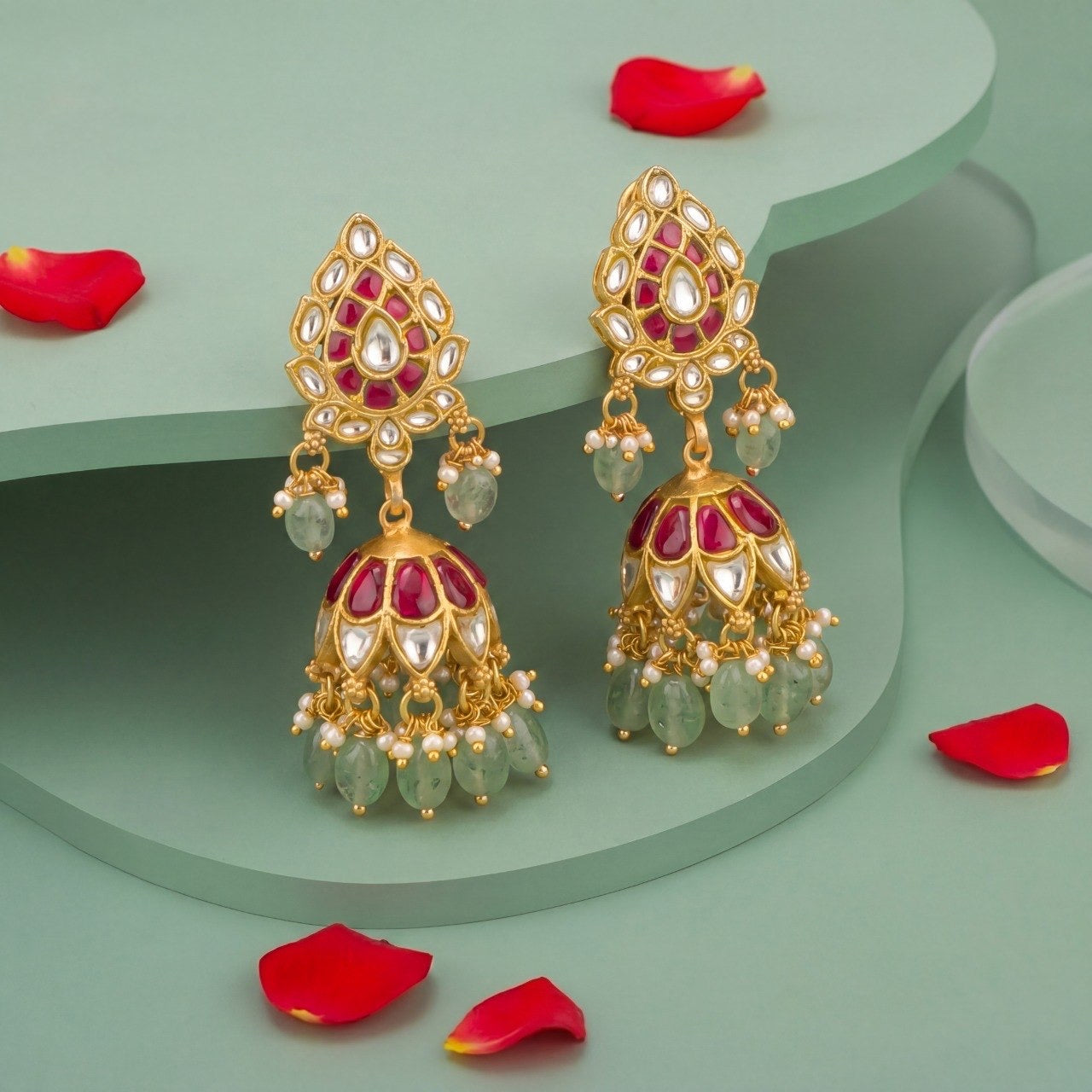Elegant Design Jadau Kundan Changebsle Jhumki with Green Beads