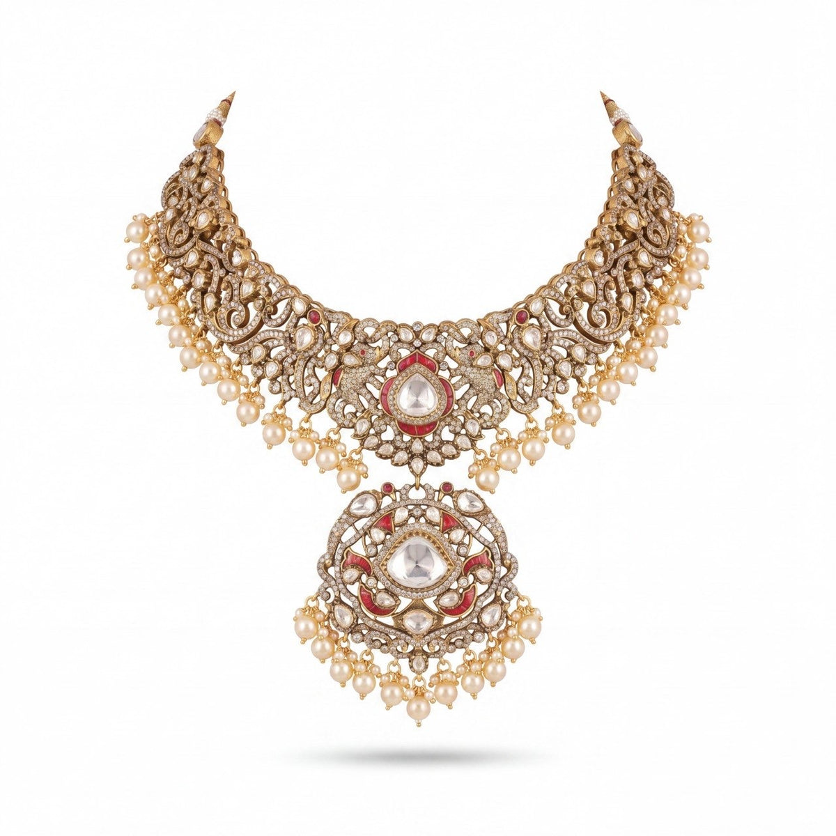 Premium gold Polki Victorian Moissanite Necklace Set with Pearl hangings adorned with ruby