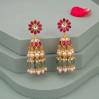 Phool Design Jadau Kundan Jhumka Earrings With Hangings