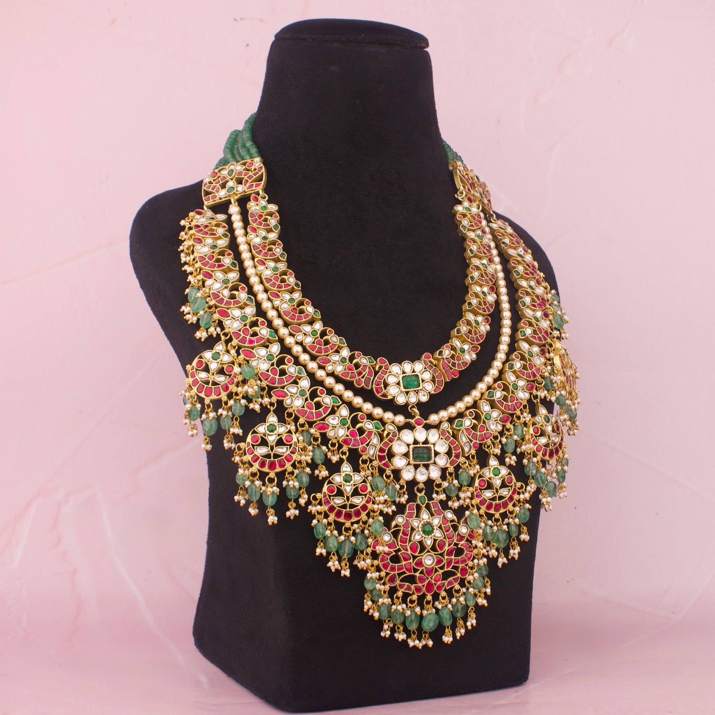 Grand Jadau Kundan Bridal Necklace With Emerald Bead Drops