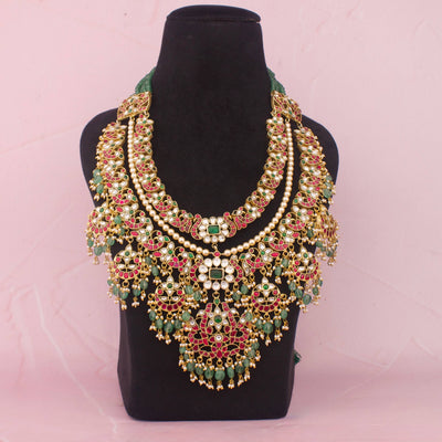 Grand Jadau Kundan Bridal Necklace With Emerald Bead Drops