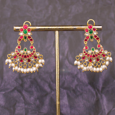 Classic Ruby Green Jadau Kundan Chandbali Earrings With Rice Pearls