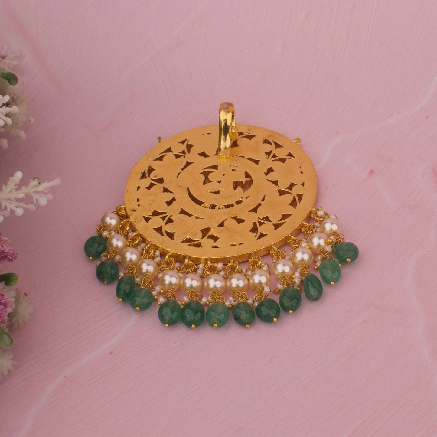 Side view of premium Unique Polki Locket With Pearl Hangings showcasing handcrafted detailing