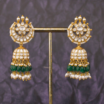 Moissanite Polki Jhumki Earrings With Green Beads