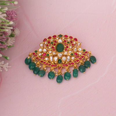 Classic Jadau Kundan Pendant With Emerald Hangings