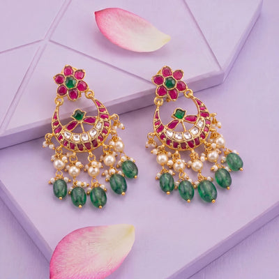 Floral Design Jadau Kundan Chandbali Earrings With Emerald Beads