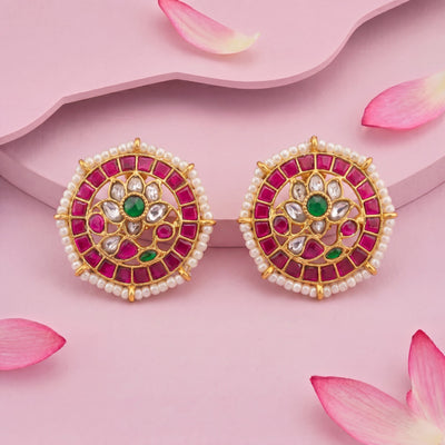 Elegant Jadau Kundan Stud Earrings With Floral Design