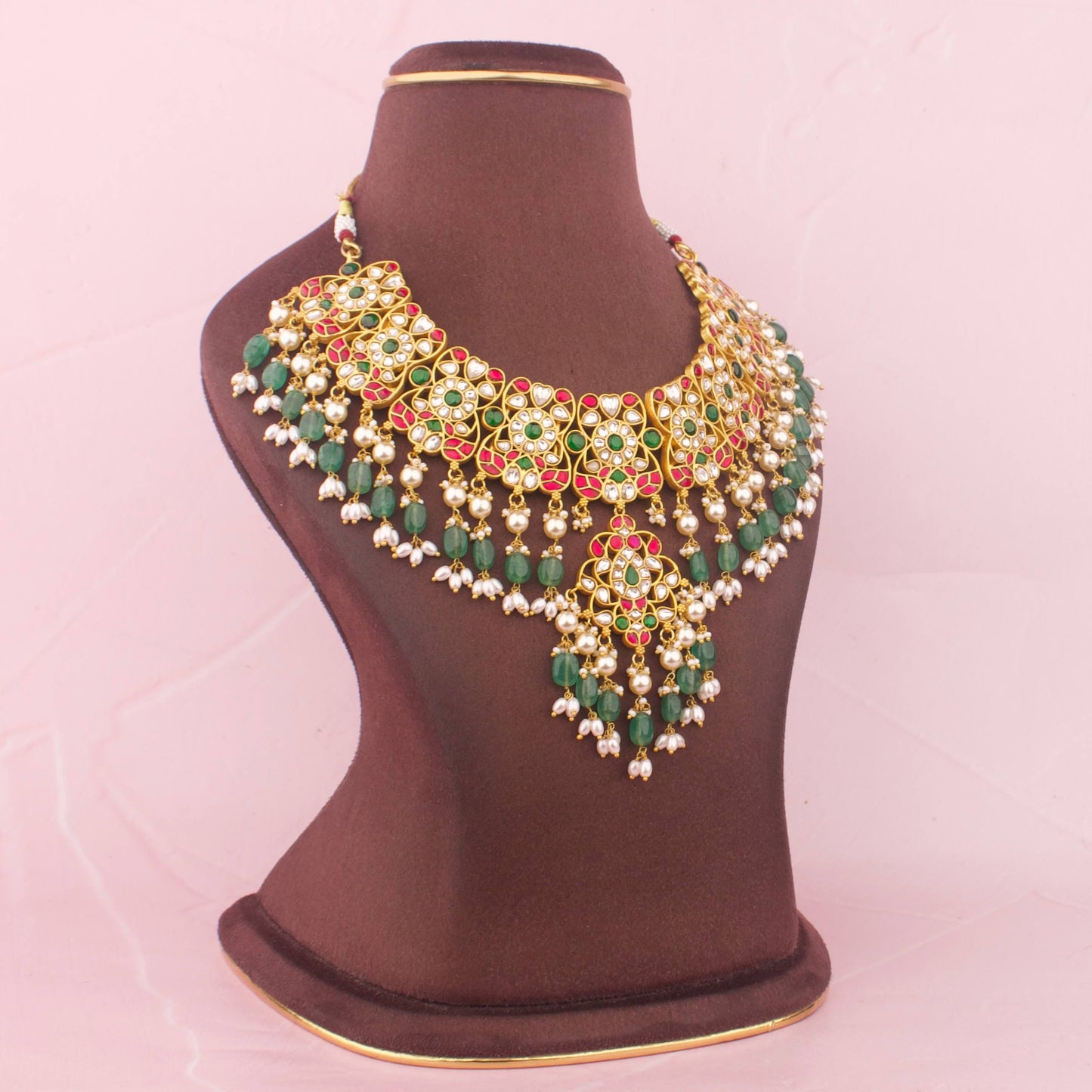 Elegant Jadau Kundan Necklace With Ricepearl Hangings