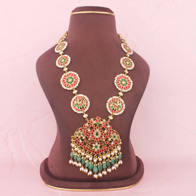 Ethnic Jadau Kundan Floral Long Necklace With Rice Pearls & Emerald Green Beads