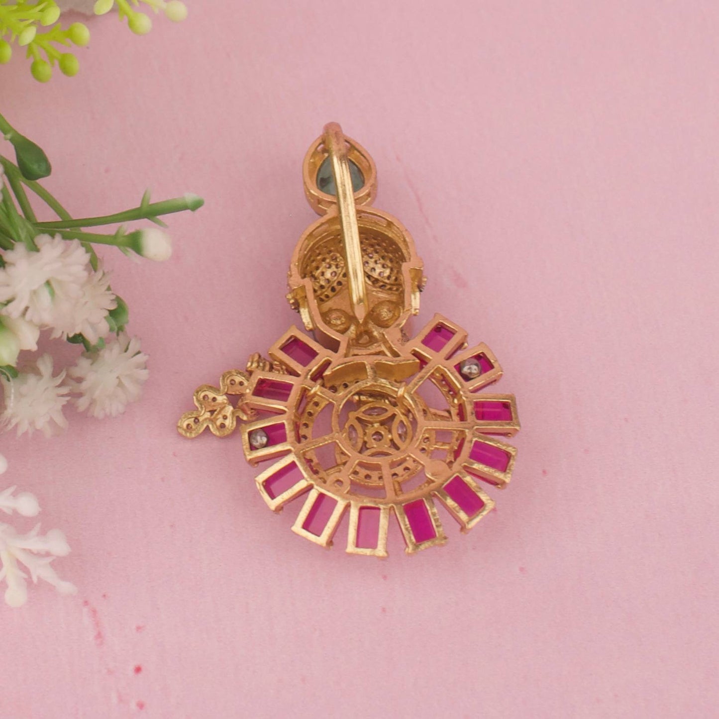 Designer Krishna Flute Victorian Pendant With Ruby Baguette Stones