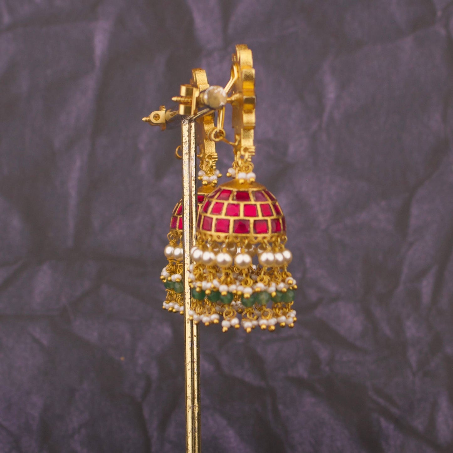Floral Jadau Kundan Jhumka Earrings With Hangings