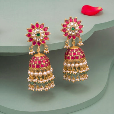 Floral Jadau Kundan Jhumka Earrings With Hangings