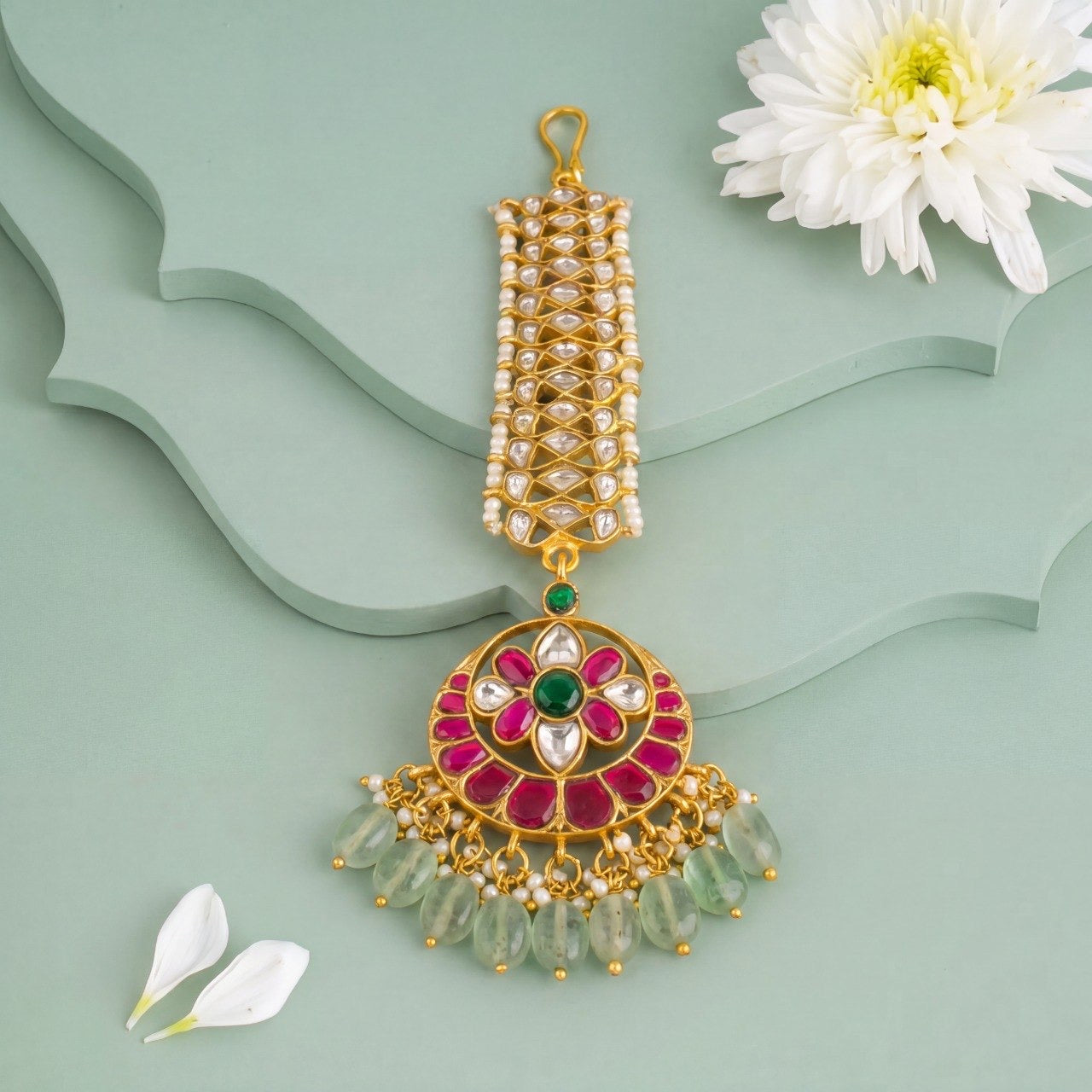 Radiant Chandbali Design Jadau Kundan Maang Tikka with Green Beads | Premium Bridal Jewellery