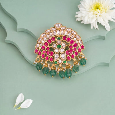 Antique Jadau Kundan Pendant With Green Beads