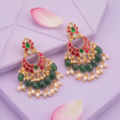 Classy Jadau Kundan Chandbali Earrings With Rice Pearls