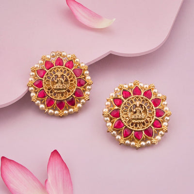 Antique Finish Temple Style Jadau Kundan Stud Earrings With Pearl Border