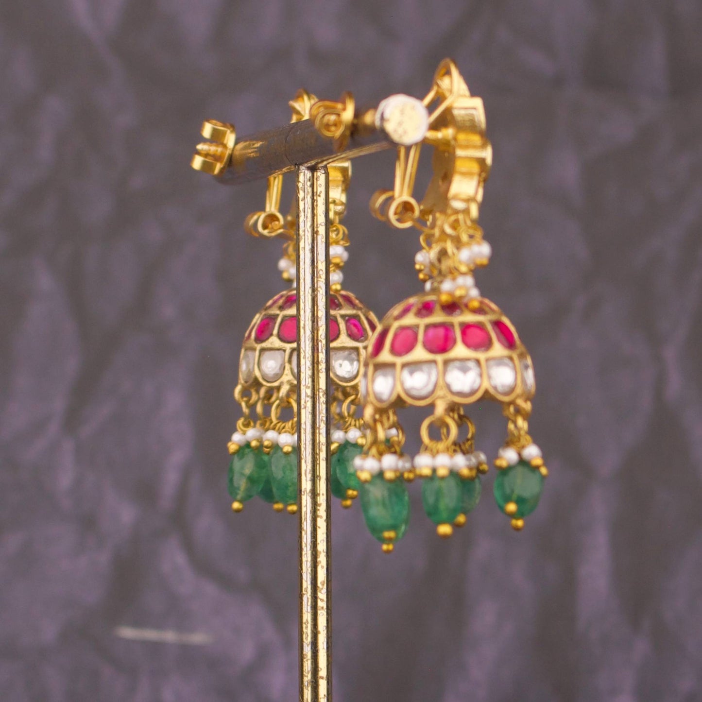 Floral Design Jadau Kundan With Green Hangings