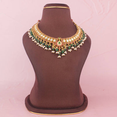 Sleek Jadau Kundan Short Necklace With Ricepearl Hangings