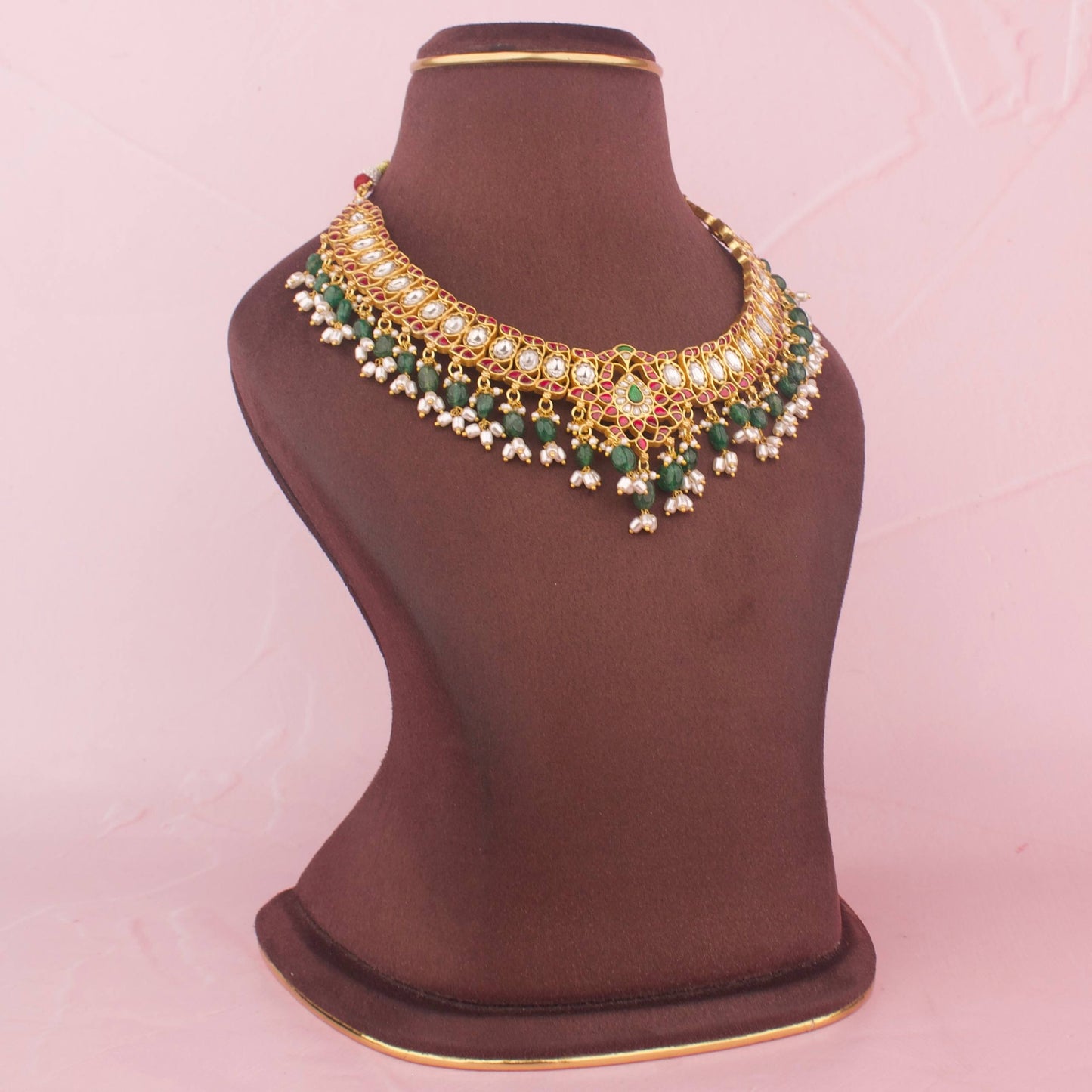 Sleek Jadau Kundan Short Necklace With Ricepearl Hangings