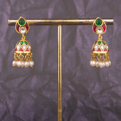 Multicolour Jadau Kundan Jhumki Earrings With Ricepearl Hangings