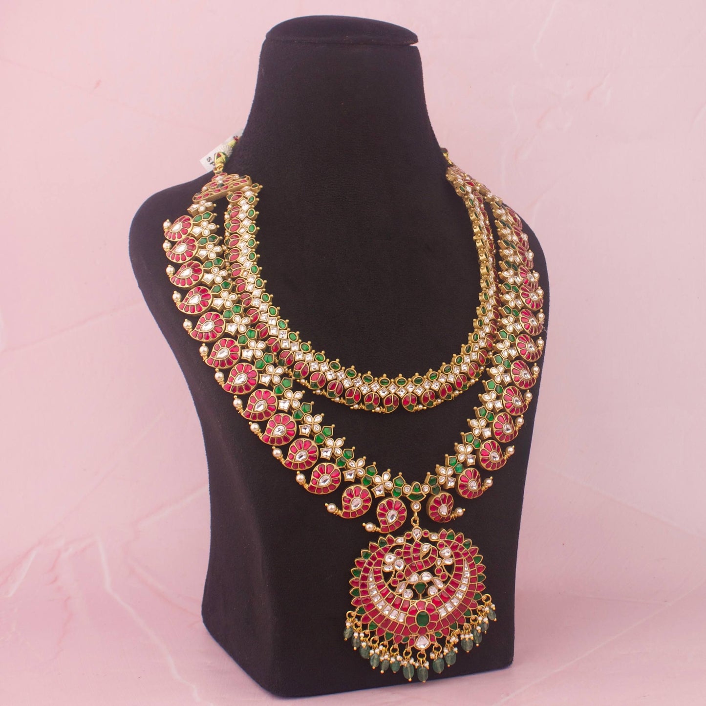 Opulent Jadau Kundan Long Necklace With Green Emerald Drops