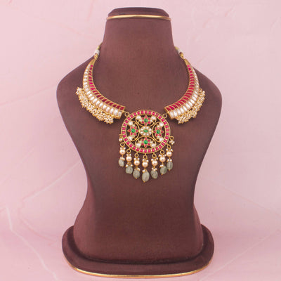 Unique Jadau Kundan Kanti Necklace With Green Drops