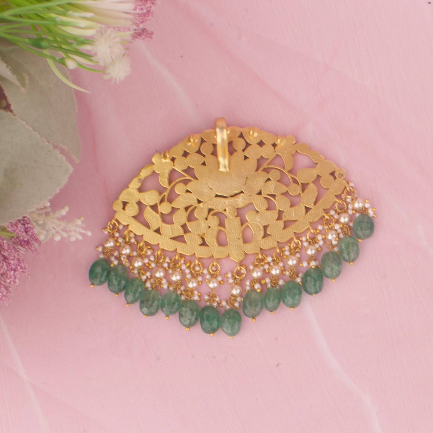 Bridal Jadau Kundan Pendant With Emerald Hangings