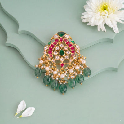 Peacock Design Jadau Kundan Pendant With Green Beads