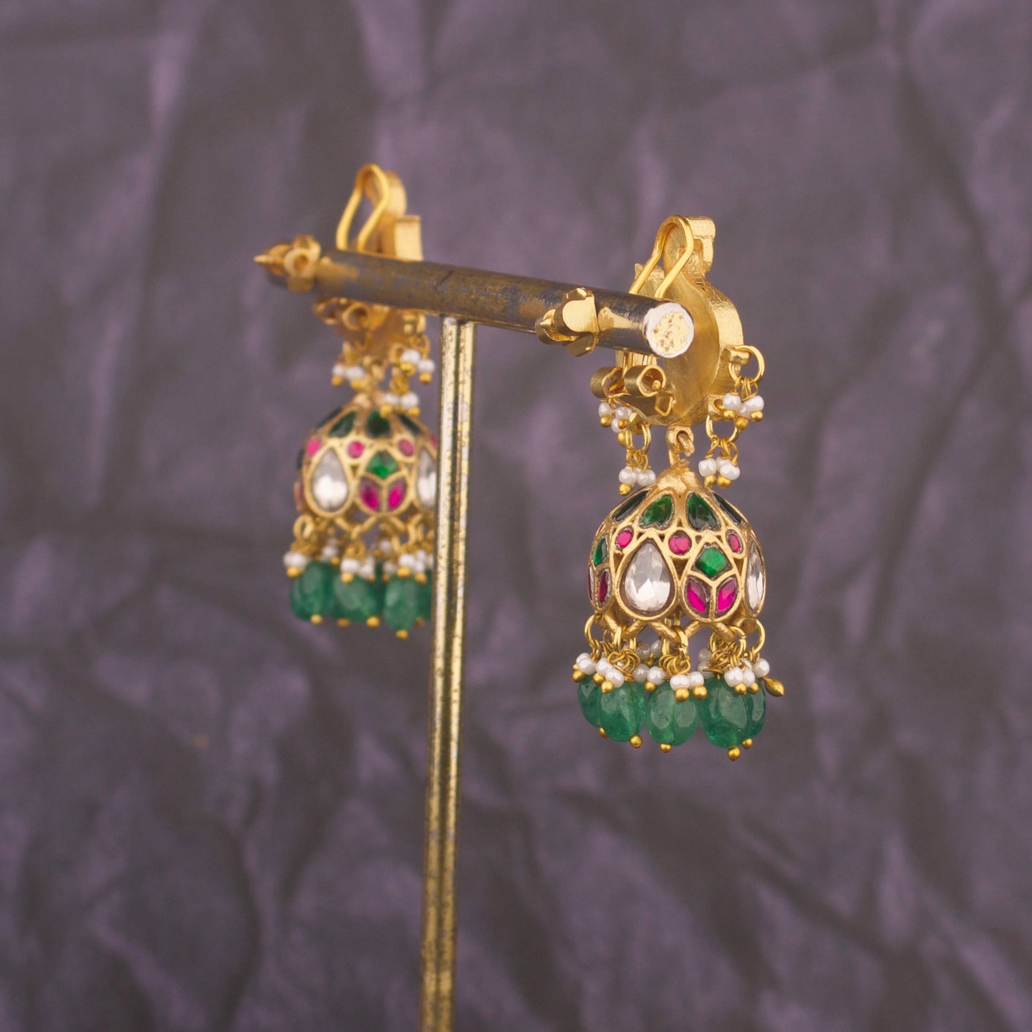 Unique Jadau Kundan Jhumki Earrings With Green Beads
