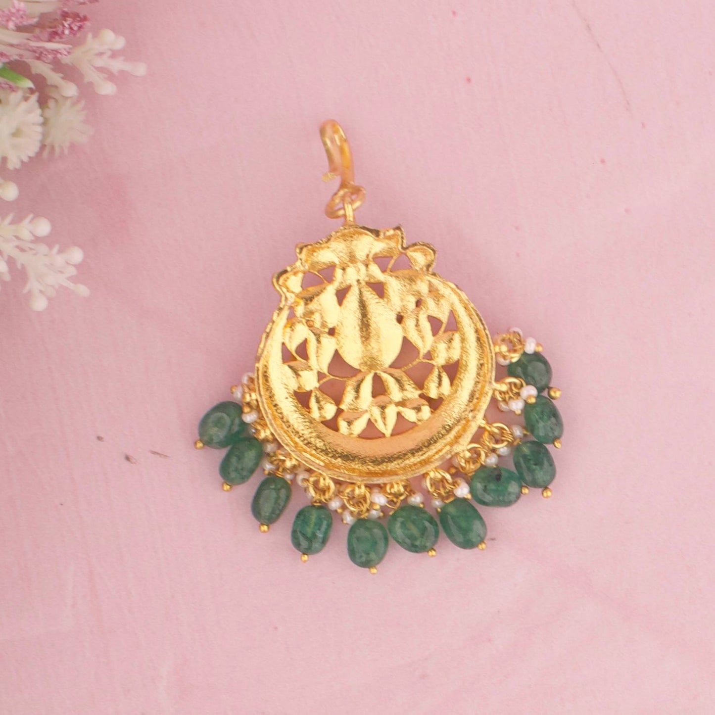 Unique Polki Pendant With Emerald Hangings