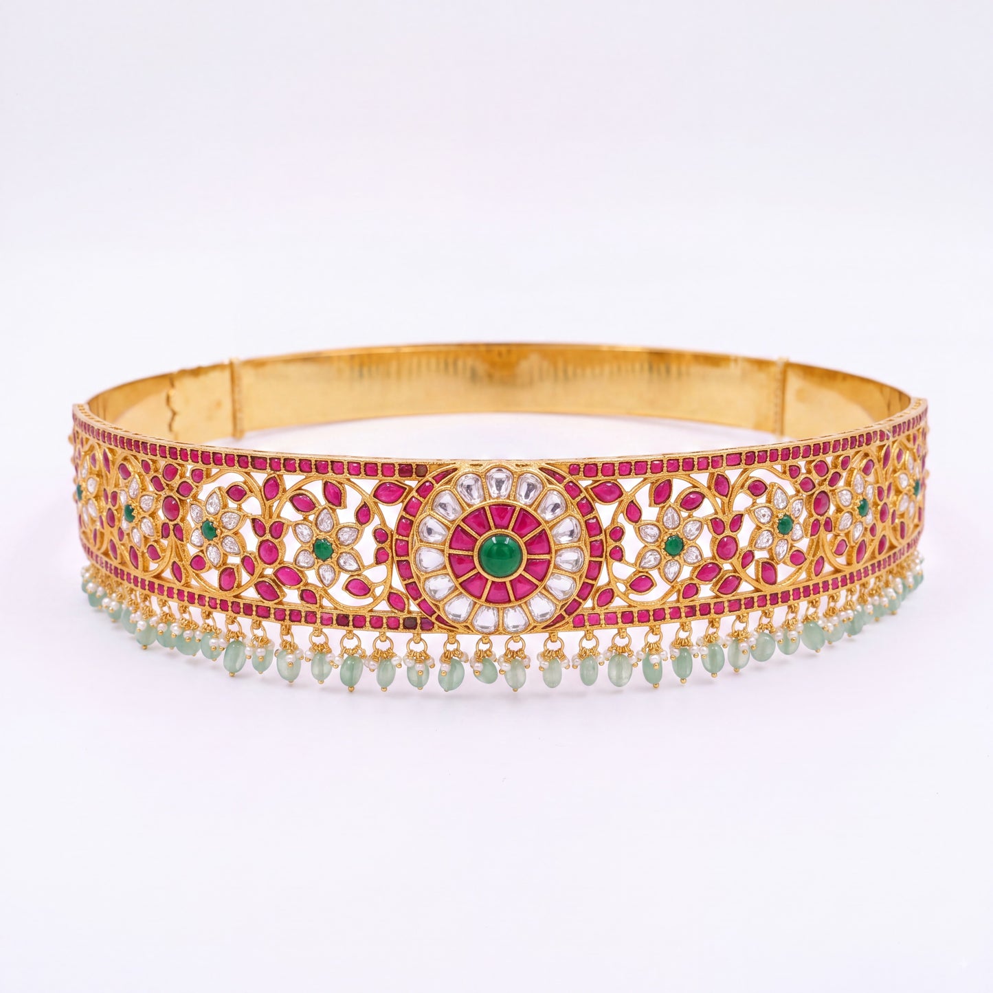 Floral Design Jadau Kundan Hip Belt With Emerald Hangings