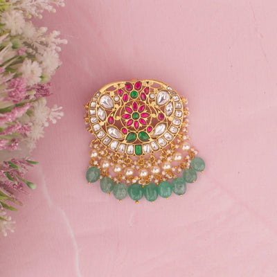 Floral Design Jadau Kundan Locket With Emerald Green Beads