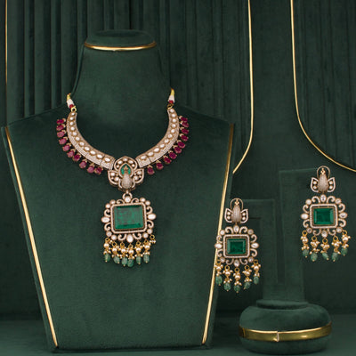 Peacock Design Emerald Victorian Necklace With Earrings