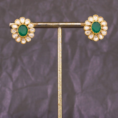 Designer Emerald Jadau Kundan Stud Earrings
