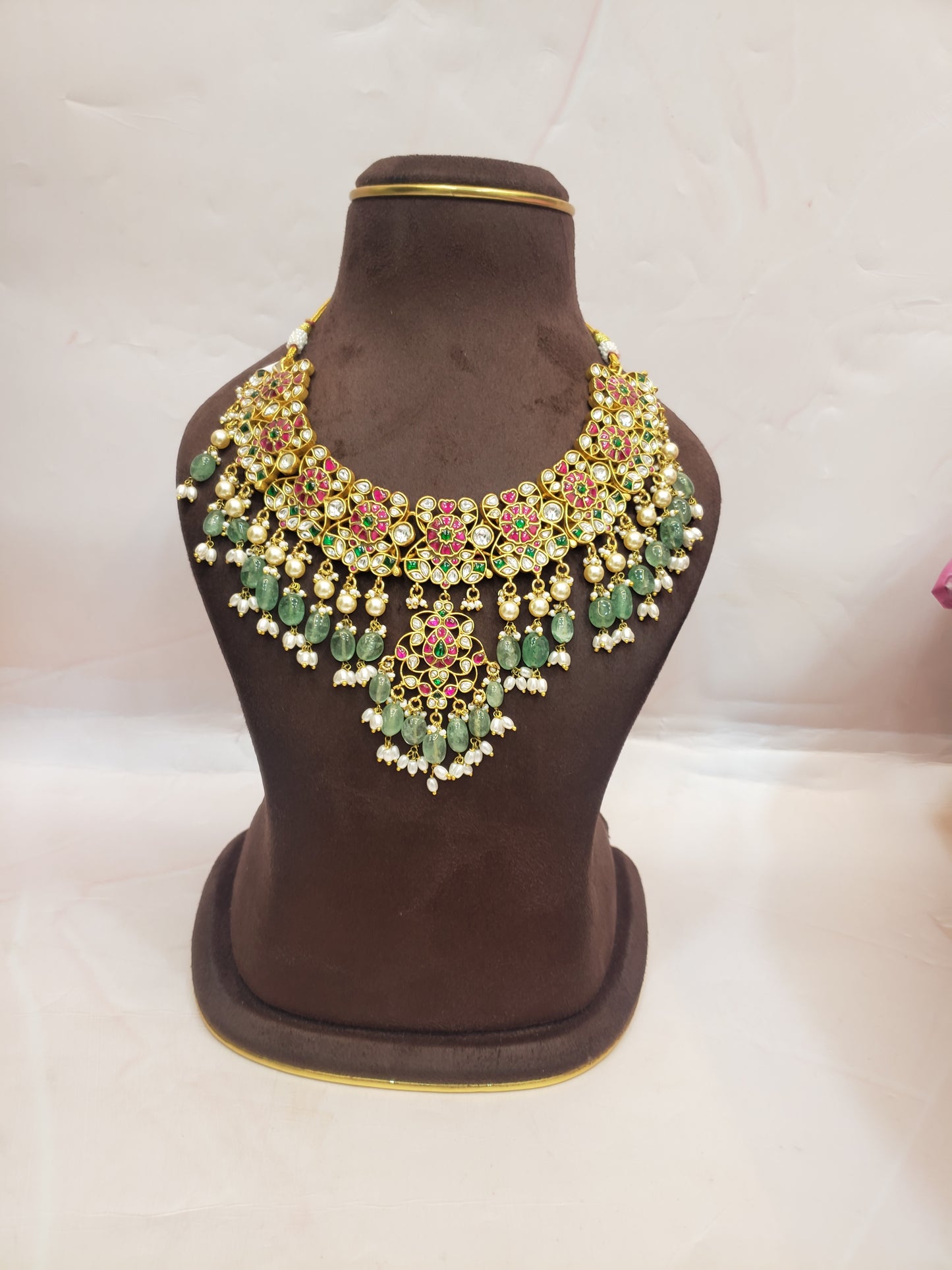 Gold Inspired Jadau Kundan Necklace With Unique Pearl & Bead Drops