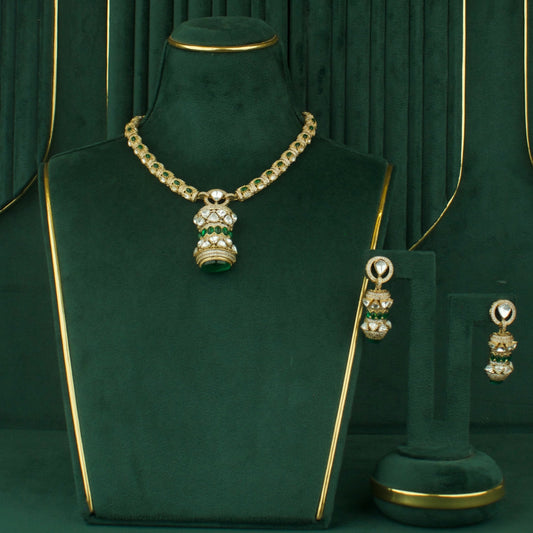 Sleek Polki Mehandi Victorian Short Necklace Set With Matching Earrings
