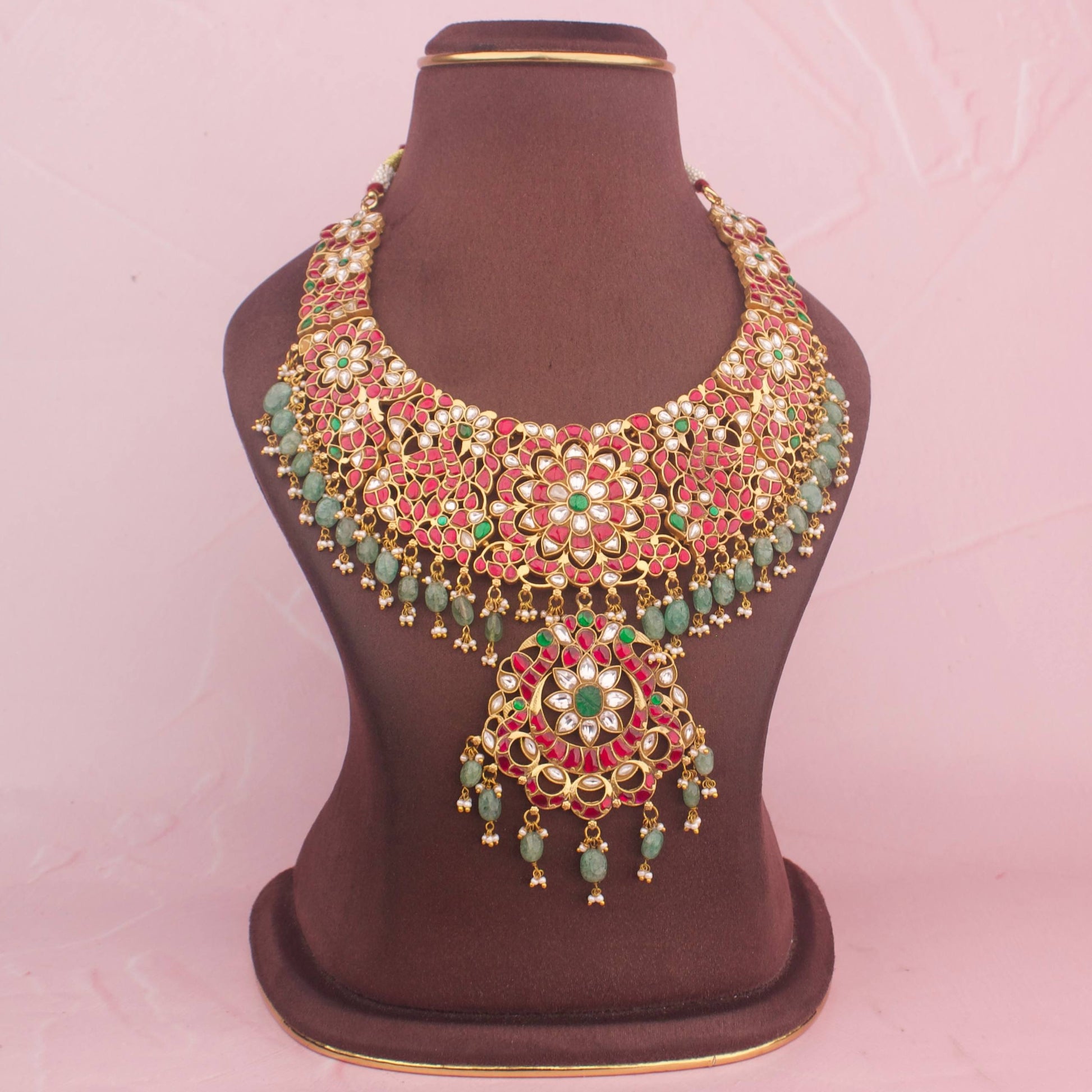 Bridal Grand Jadau Kundan Necklace With Green Beads & Pearls As Hangings - Premium Indian Ethnic Jewelry | Dulhan Jewels