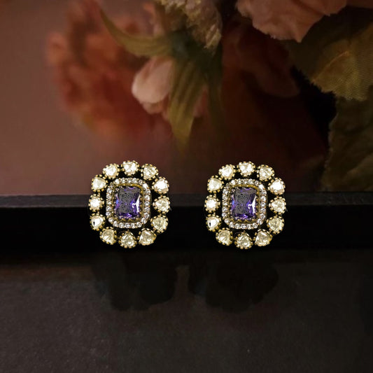 Classic Victorian Zircon Studs with polki stones in Screw-back style. This Victorian Jewellery Is available in Red & Purple colour varaiants. 