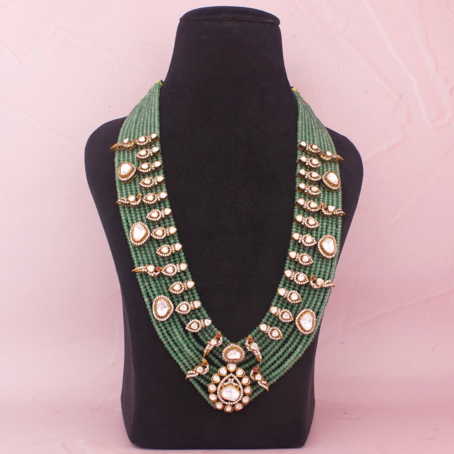 Grand Bridal Green Polki Bead Necklace Set with Earrings