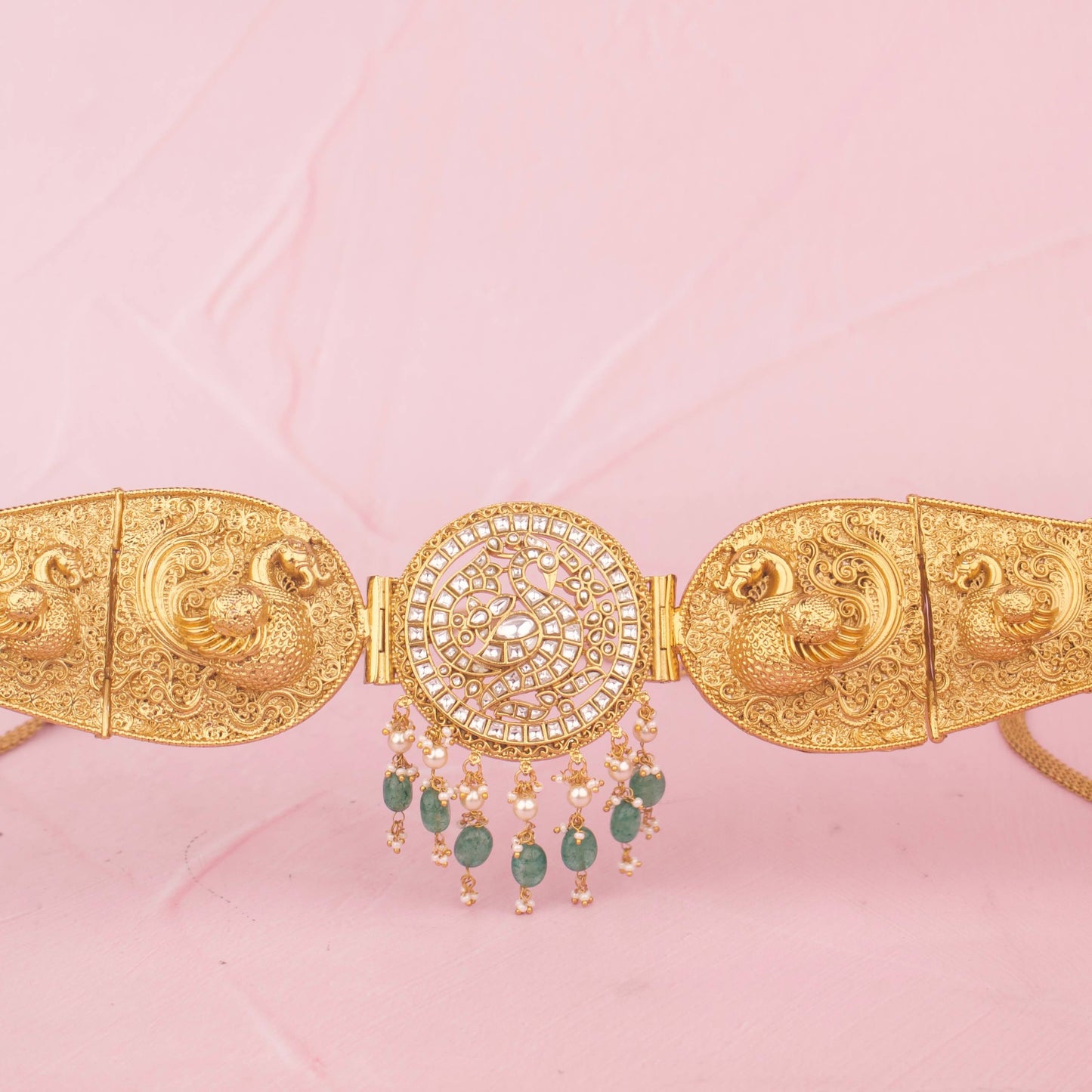 Temple Peacock Vaddanam Hip Belt With Pearls And Green Beads