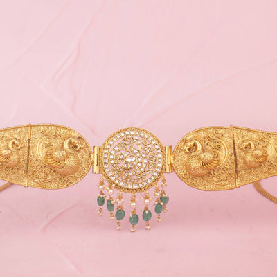 Temple Peacock Vaddanam Hip Belt With Pearls And Green Beads