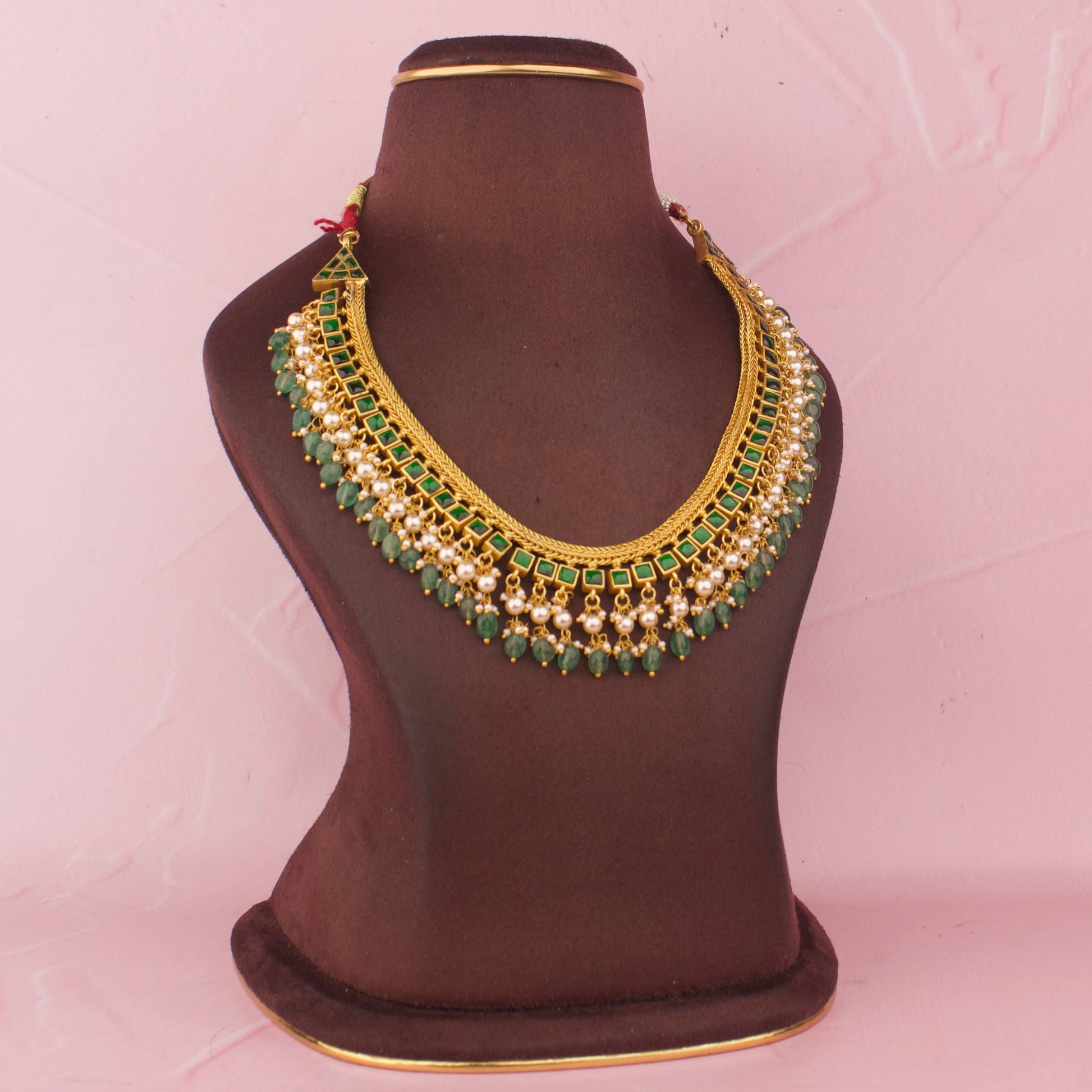 Premium gold Temple Reversible 2 in 1 Jadau Kundan Jalebi Necklace With Beads Hanging set worn