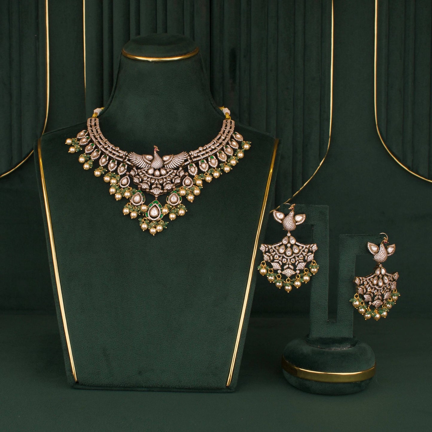 Designer Peacock Craving Fusion Polki & Kundan Necklace Set