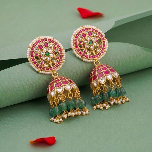 Bridal Jadau Kundan Jhumki Earrings With Strawberry Beads Hanging
