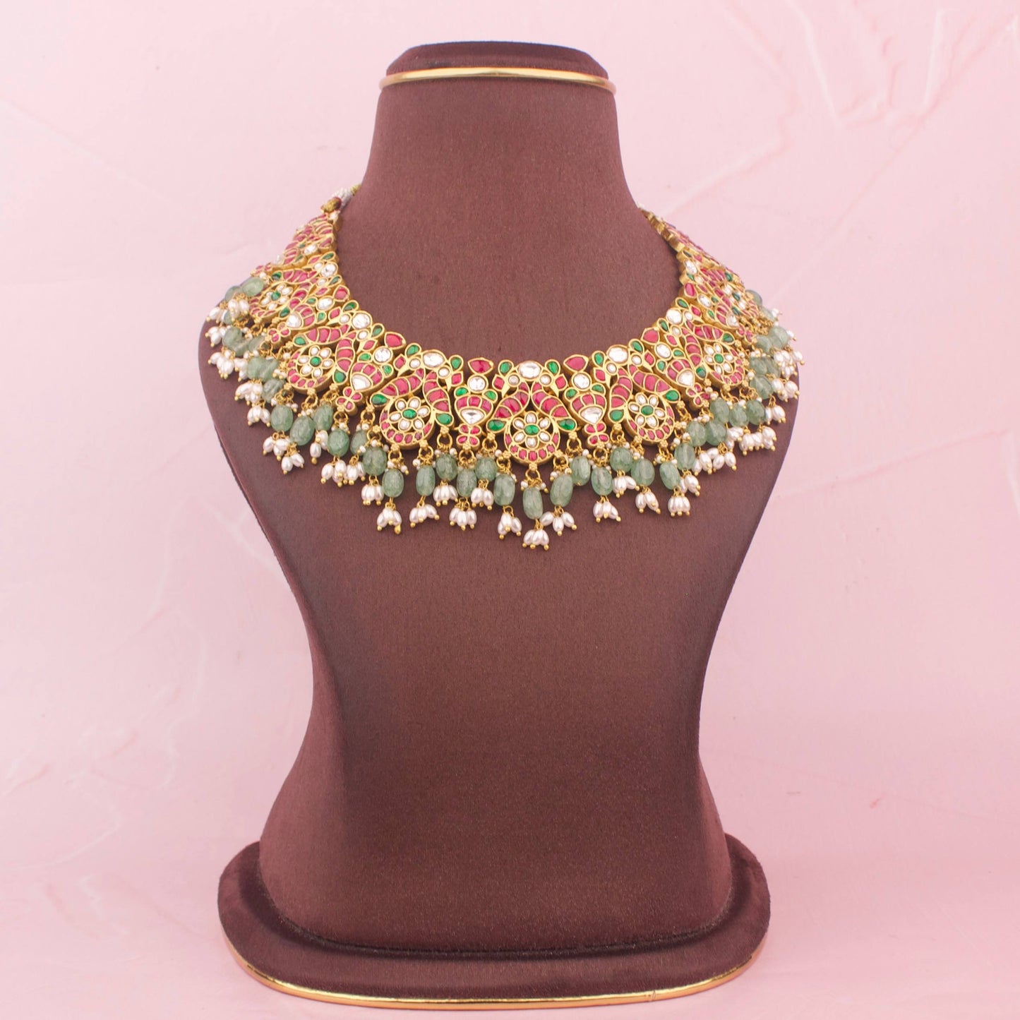 Graceful Jadau Kundan Short Necklace With Beads & Pearls Hangings - Premium Indian Ethnic Jewelry | Dulhan Jewels