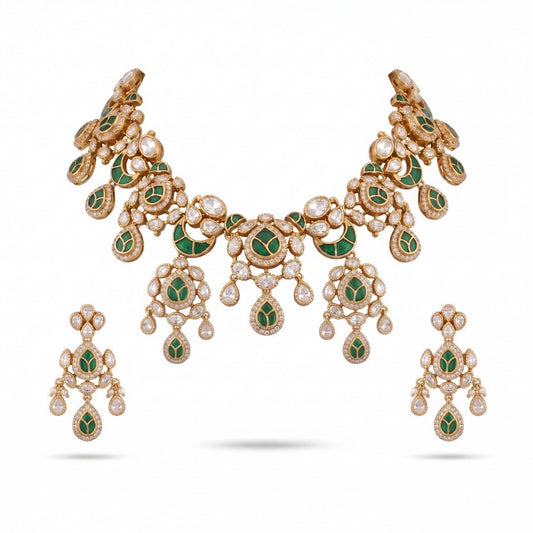 Dazzling Victorian Fusion Polki & Kundan Necklace With Matching Earrings