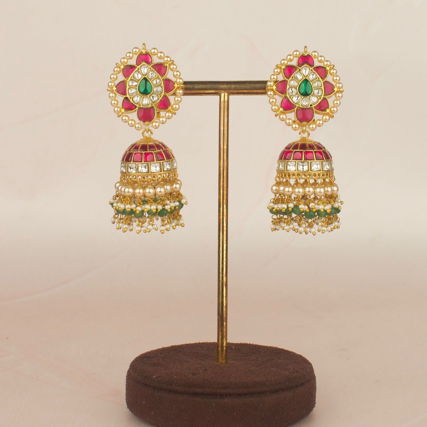 Floral Studded Jadau Kundan Jhumki Earrings With Pearl & Bead Hangings