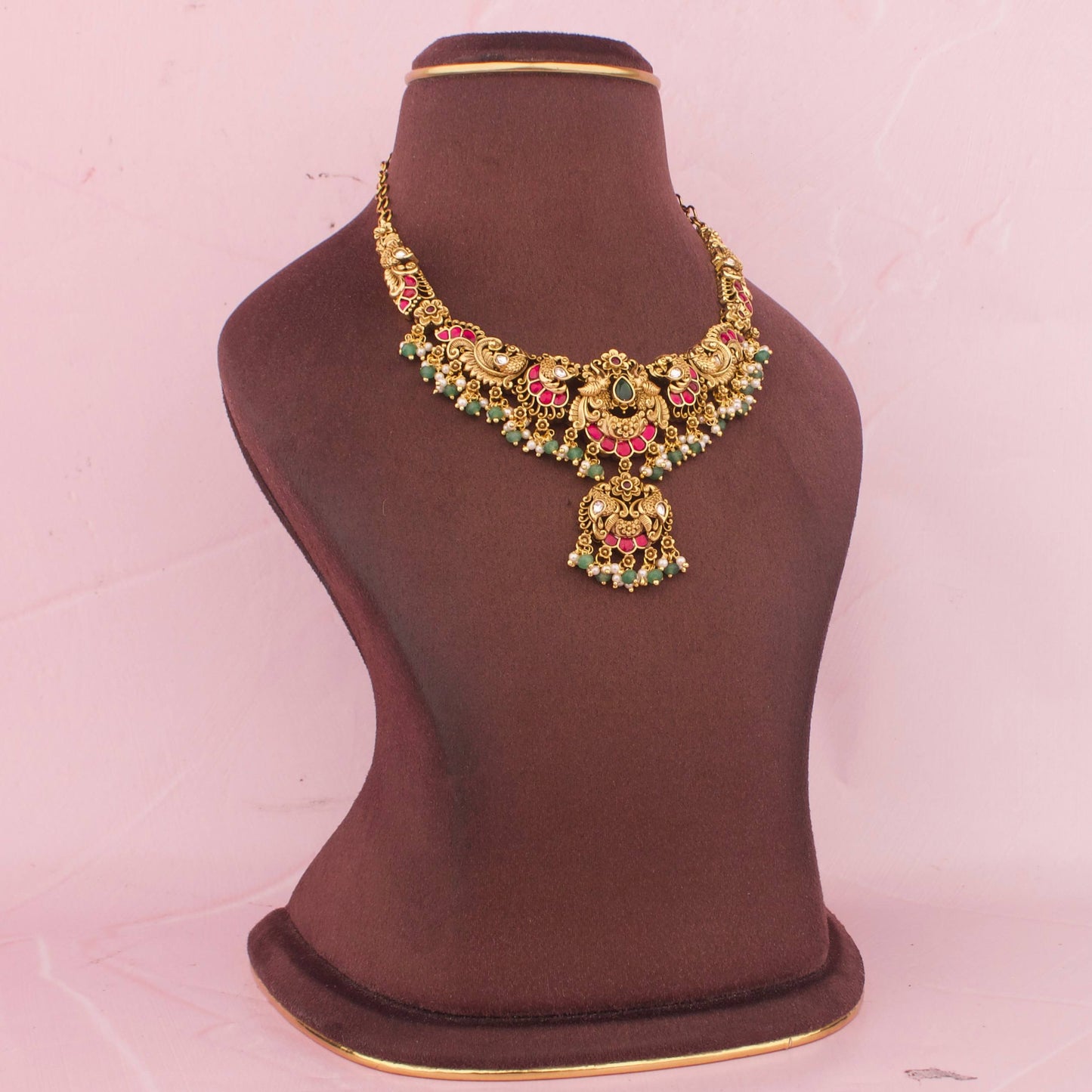 Traditional Peacock Nakshi Jadau Kundan Necklace With Emerald Beads
