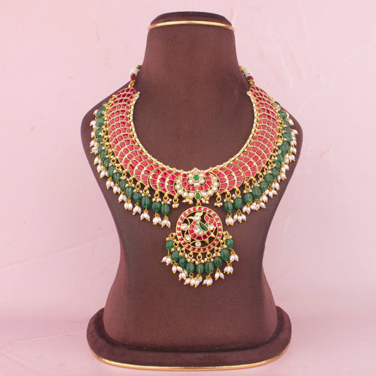 Bridal Jadau Kundan Chand Short Necklace Design With Rice Pearl Drops