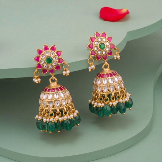 Floral Studded Multi Coloured Jadau Kundan Jhumki Earrings